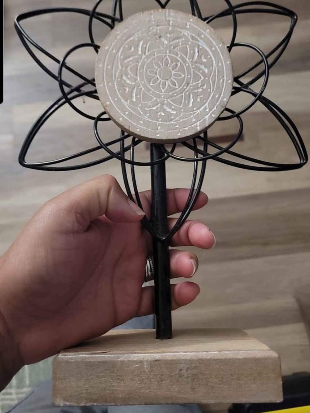 Metal Wire Floral Sculpture with Wood Base - Black and Natural
